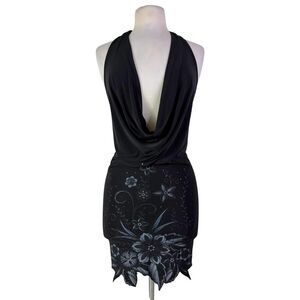 Y2K Fairy Grunge Black Halter Mini Dress Floral Scalloped Hem Cowl Small